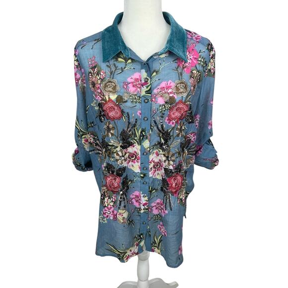 Soft Surroundings Sequins Embroidered Floral Top Roll Tab Sleeves Boho Sz Medium - Picture 2 of 16